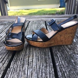 Shiny Black Buckle Strap Cork Wedges
